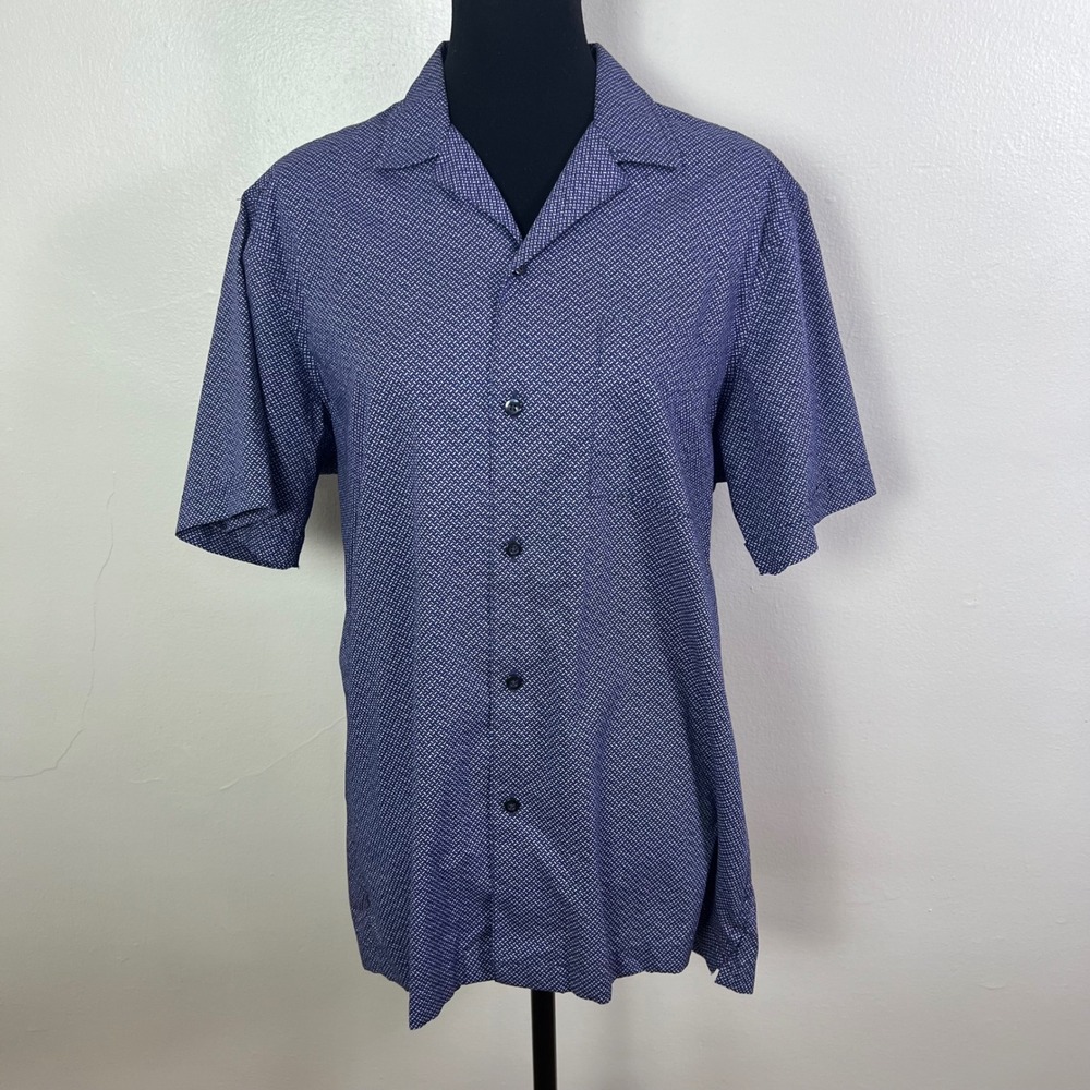 Tasso Elba Mens Medium Button Down Shirt Short Sleeve Blue Pattern Casual